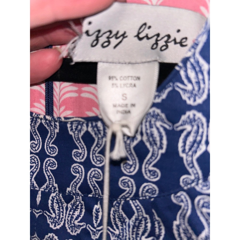 Dizzy Lizzie Blue Seahorse Print Sleeveless Shift Dress Pink Lining 628 S - Picture 7 of 8